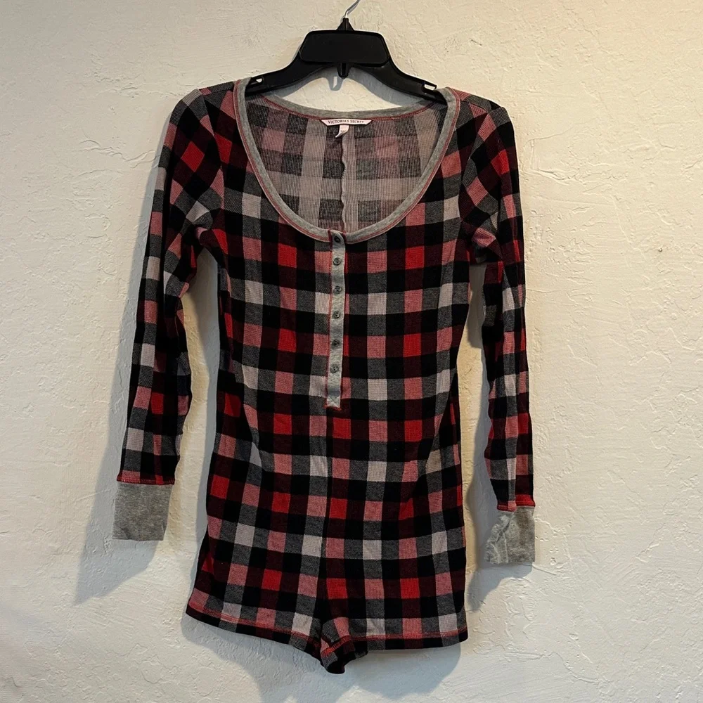 Victoria’s Secret Plaid Henley Romper – Size S, Cozy‎ Long Sleeve